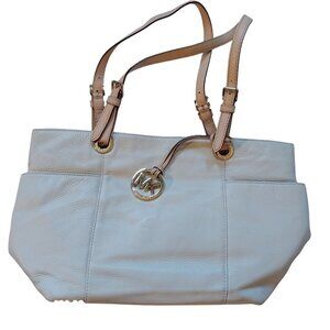 Michael Kors Beige Leather Tote Bag With Gold Metallic Interior & MK Charm